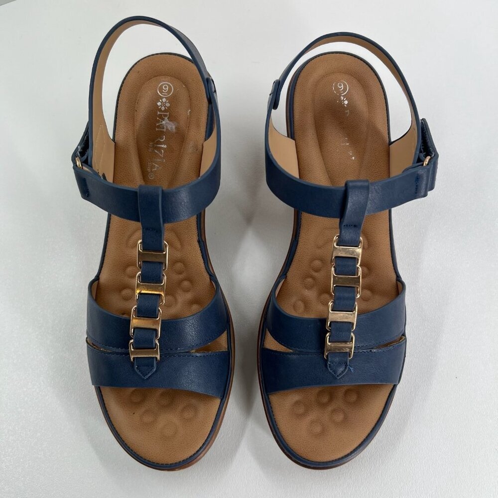 Patrizia Taney Wedge Sandals Womens 9 Comfort T-Strap Slingback Block Heels Blue